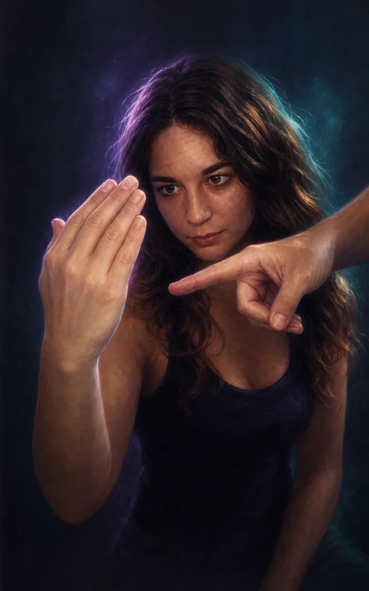 La main de la personne devant son propre visage, l’hypnotiseur pointe un point sur la paume